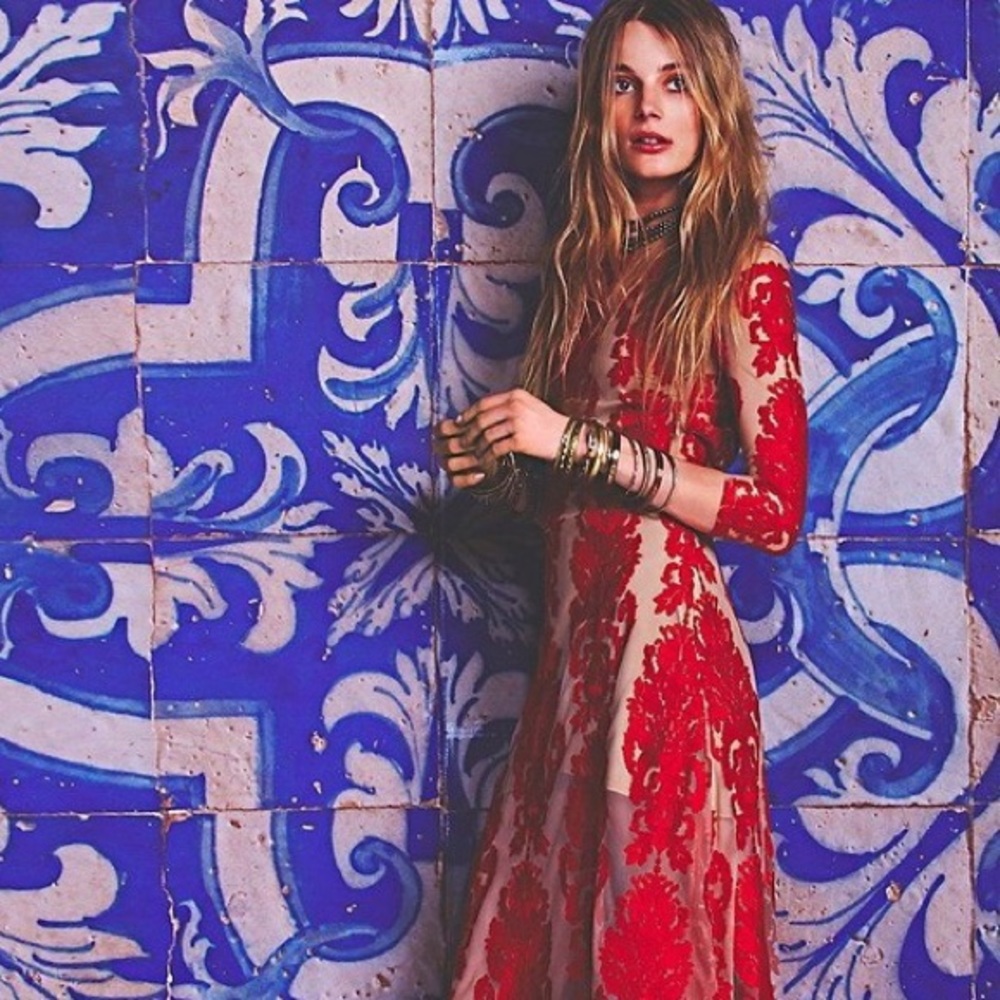 For Love & Lemons Embroidered Red Maxi Dress